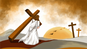 Desenho de jesus de branco carregando a cruz nas costas