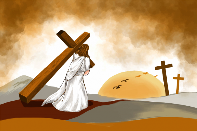 Desenho de jesus de branco carregando a cruz nas costas