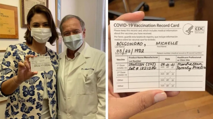 Michelle Bolsonaro publica fotos de cartão vacinal e com médico que a imunizou contra a Covid-19 nos EUA