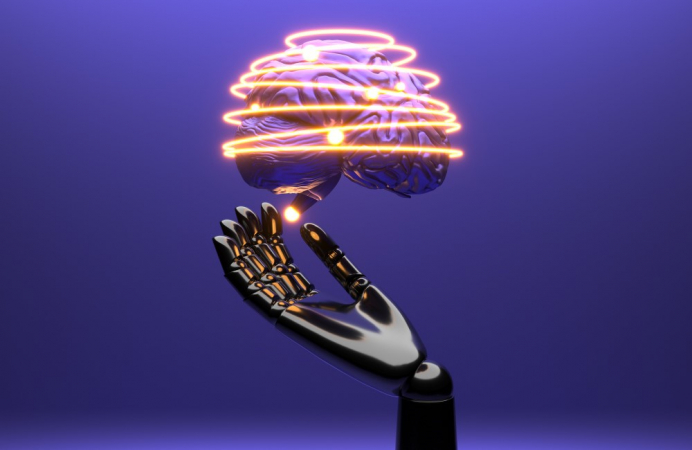 Conceito de inteligência artificial com m]ao robótica e cérebero cerca de neon