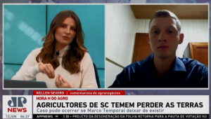 Tela dividida com a jornalista Kerllen Severo à esquerda e um filho de agricultor à direita