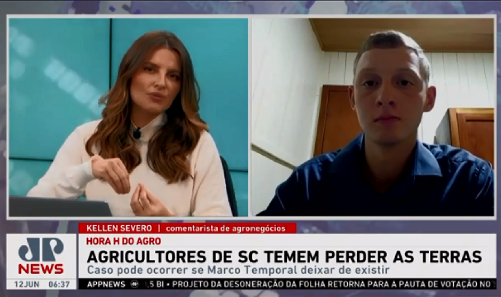Tela dividida com a jornalista Kerllen Severo à esquerda e um filho de agricultor à direita