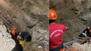 Corpo de Bombeiros resgata menino que caiu em buraco ao tentar pegar uma bola de futebol