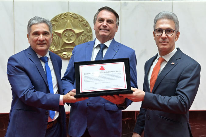 Coronel Sandro (deputado estadual PL/MG), Jair Messias Bolsonaro (ex-presidente do Brasil), Romeu Zema (governador – Novo/MG)