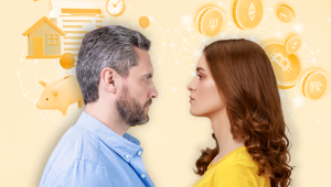 Homem e mulher, ambos e meia idade, um olhando pro outro, em um fundo gráfico de criptomoedas