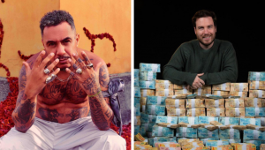 Montagem mostra Marcelo D2 à esquerda, sem camisa e com o torso tatuado, e Primo Rico à direita, atrás de uma pilha de dinheiro