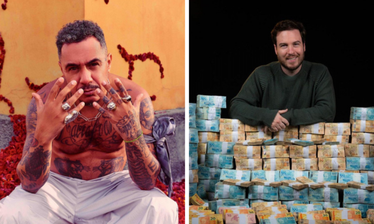 Montagem mostra Marcelo D2 à esquerda, sem camisa e com o torso tatuado, e Primo Rico à direita, atrás de uma pilha de dinheiro