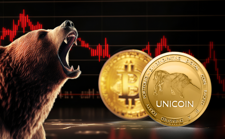 Urso gritando perto de Bitcoin e do Unicoin