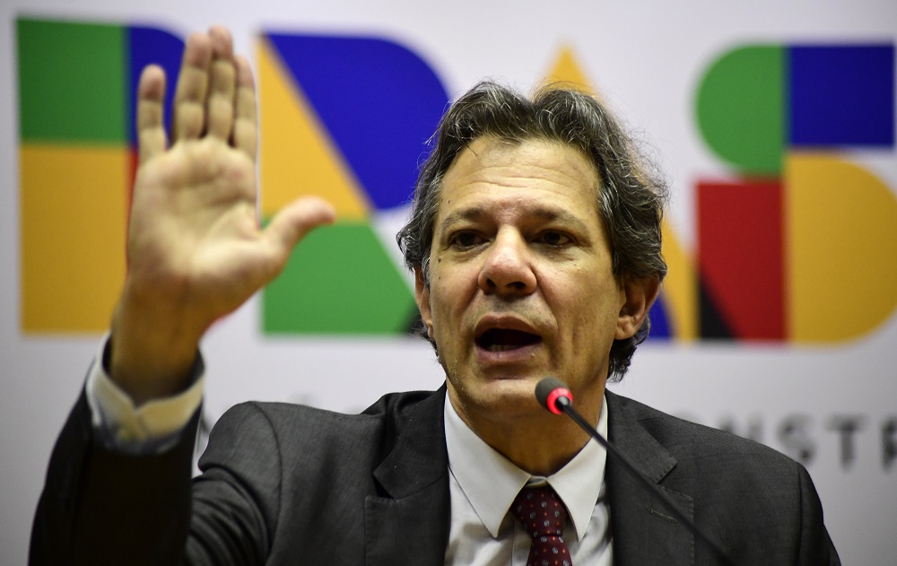 O ministro da Fazenda, Fernando Haddad, concede entrevista coletiva no auditório do Ministério da pasta, em Brasí­lia