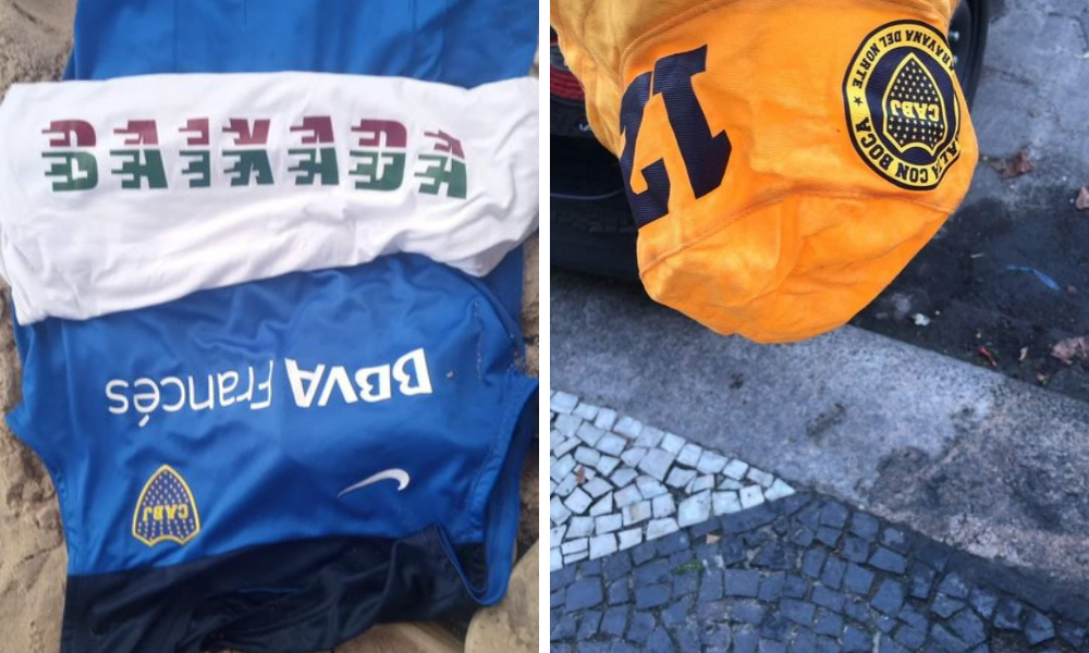 Camiseta e gorro de torcedores do Boca, possivelmente roubados por torcedores do Fluminense