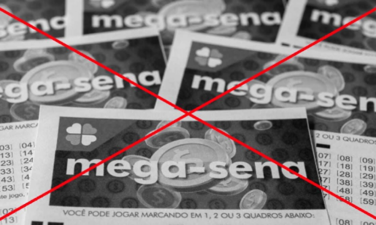 Bilhetes da Mega-Sena com um X vermelho cortando a imagem