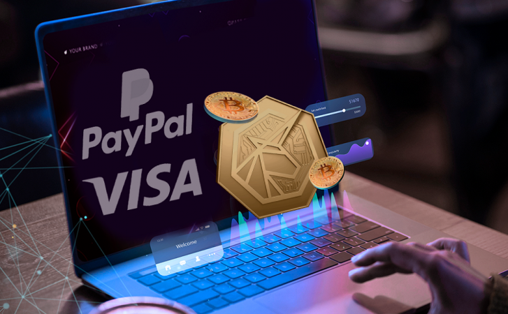 Imagem de computador em 3D com gráfico da Visa e do PayPal