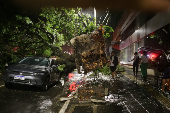 Uma árvore de grandes proporções caiu durante a tempestade e atingiu três veículos na Rua São Carlos do Pinhal, na esquina da Rua Itapeva, em São Paulo