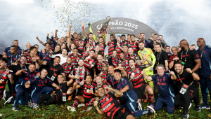 Jogadores do Flamengo comemoram a conquista do tetra da Libertadores