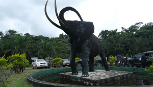 Estátua de um elefante na entrada do entrada do Parque Nacional Cross River, na Nigéria