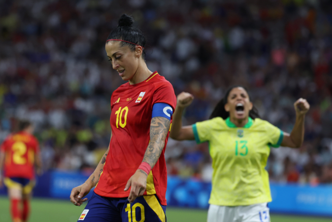 A jogadora da Espanha Jennifer Hermoso durante a semifinal feminina de futebol entre Brasil e Espanha, nos Jogos Olímpicos de Paris