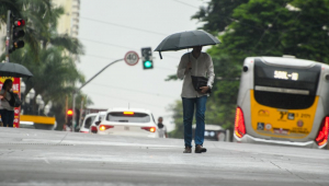 Pedestres enfrentam a primeira chuva de verão do ano de 2024, no fim de tarde desta quarta-feira (3), na região central de São Paulo