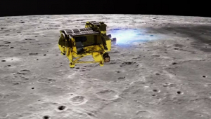 Impressão artística do módulo SLIM cruzando a superfície lunar