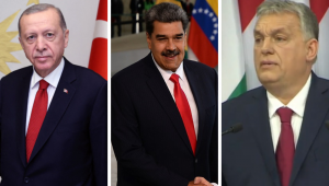 Os presidentes Recip Erdogan, da Turquia, Nicolás Maduro, da Venezuela, e Viktor Orbán, da Hungria