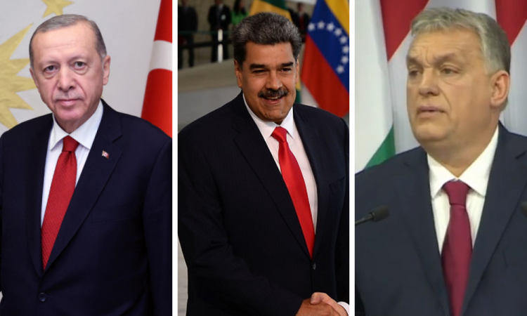 Os presidentes Recip Erdogan, da Turquia, Nicolás Maduro, da Venezuela, e Viktor Orbán, da Hungria