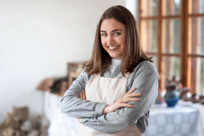 Mulher de negócio branca de avental e braços cruzados