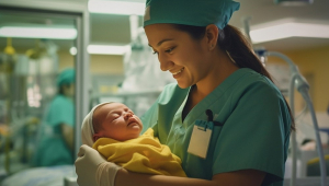 Enfermeira com bebê recém-nascido no colo