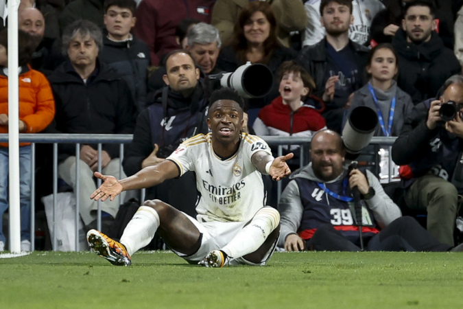 O atacante brasileiro Vinicius Jr., do Real Madrid, durante o jogo da 28.ª jornada da Liga entre Real Madrid e Celta de Vigo