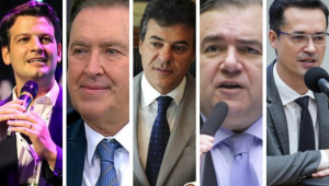 Os pré-candidatos a prefeito de Curitiba Eduardo Pimentel (PSD), Luciano Ducci (PSB), Beto Richa (PSDB), Ney Leprevost (União) e Deltan Dallagnol (Novo) (Divulgação/Divulgação)