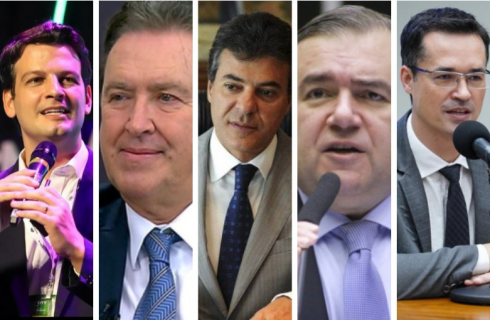 Os pré-candidatos a prefeito de Curitiba Eduardo Pimentel (PSD), Luciano Ducci (PSB), Beto Richa (PSDB), Ney Leprevost (União) e Deltan Dallagnol (Novo) (Divulgação/Divulgação)