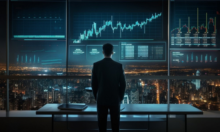 Homem em andar alto de prédio olhando para gráficos 3D de investimento