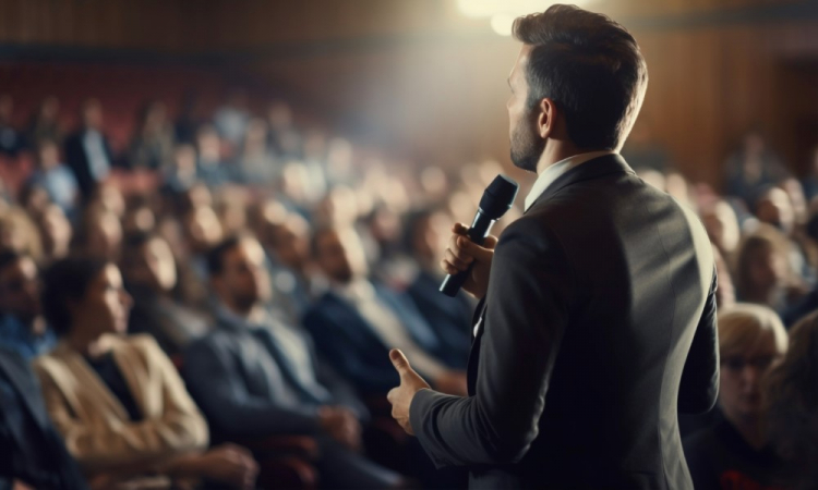 Homem com microfone em público fala no palco para público sentado