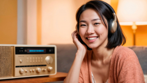 Retrato fotorrealista de uma pessoa ouvindo o rádio na celebração do Dia Mundial do Rádio