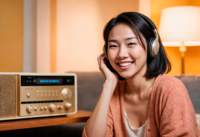 Retrato fotorrealista de uma pessoa ouvindo o rádio na celebração do Dia Mundial do Rádio