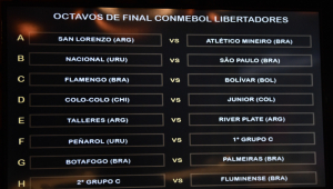 Fotografia de um telão com os jogos entre as equipes concorrentes nas oitavas de final da Copa Libertadores 2024