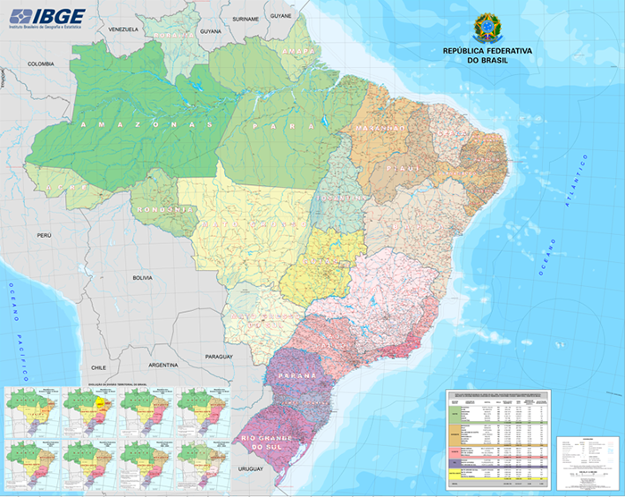 O Mapa Político do Brasil na escala 1:2.500.000 é o maior mapa mural produzido pelo IBGE