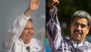 Conjunto de fotografias de arquivo do candidato presidencial da Plataforma Democrática Unitária (PUD), Edmundo González Urrutia (i), e do presidente e candidato à reeleição, Nicolás Maduro.