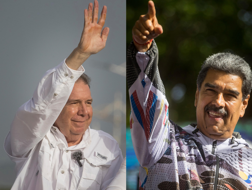 Conjunto de fotografias de arquivo do candidato presidencial da Plataforma Democrática Unitária (PUD), Edmundo González Urrutia (i), e do presidente e candidato à reeleição, Nicolás Maduro.