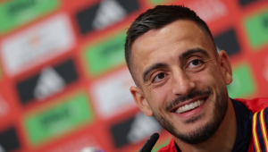 Joselu dá entrevista coletiva na base do time em Donaueschingen, no dia 3 de julho de 2024, durante o campeonato de futebol UEFA Euro 2024