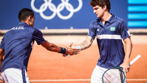 2024.07.29 - Jogos Olímpicos Paris 2024 - Tênis Dupla Masculina - (E-D) Thiago Monteiro e Thiago Wild enfrentam dupla do Cazaquistão na estreia. - Foto: Gaspar Nóbrega/COB