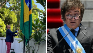 Mntahem com bandeira hasteada na embaixada e rosto de Javier Milei