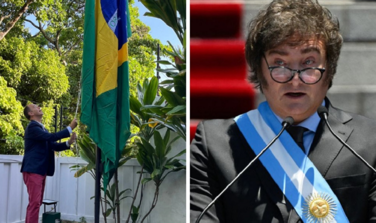 Mntahem com bandeira hasteada na embaixada e rosto de Javier Milei