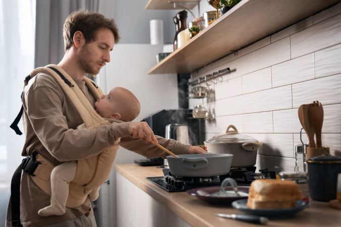 Pai cozinhando enquanto segura o bebê plano médio