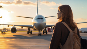 Mulher de mochila caminhando em direção ao avião