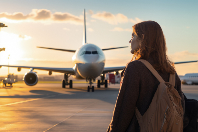 Mulher de mochila caminhando em direção ao avião