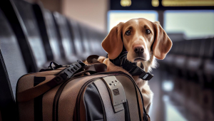 Cachorro perto de mala em aeroporto