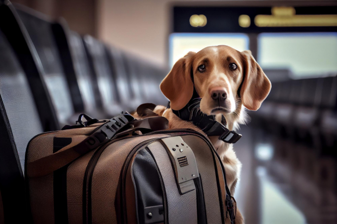 Cachorro perto de mala em aeroporto