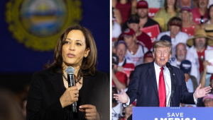 Composição de fotos de arquivo mostrando a vice-presidente dos EUA Kamala Harris (à esquerda) e o ex-presidente Donald Trump