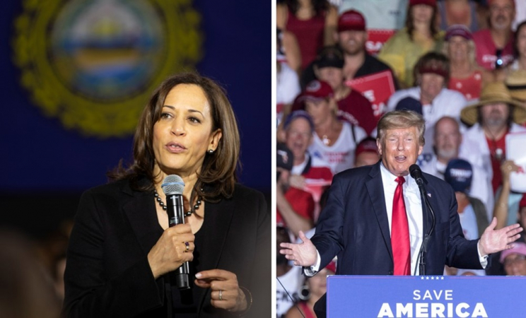 Composição de fotos de arquivo mostrando a vice-presidente dos EUA Kamala Harris (à esquerda) e o ex-presidente Donald Trump