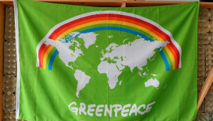 Uma imagem mostra uma bandeira na sede da ONG Greenpeace antes do 50º aniversário da fundação do grupo, em 10 de setembro de 2021, em Amsterdã.