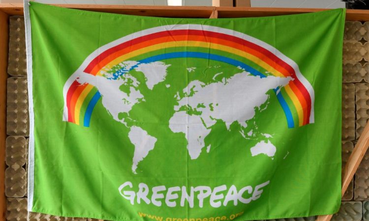 Uma imagem mostra uma bandeira na sede da ONG Greenpeace antes do 50º aniversário da fundação do grupo, em 10 de setembro de 2021, em Amsterdã.